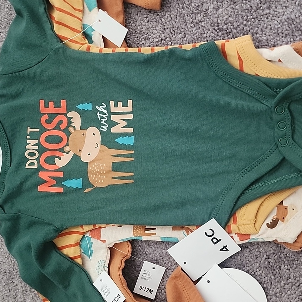 4 Piece Green Moose Print Kids Bodysuit